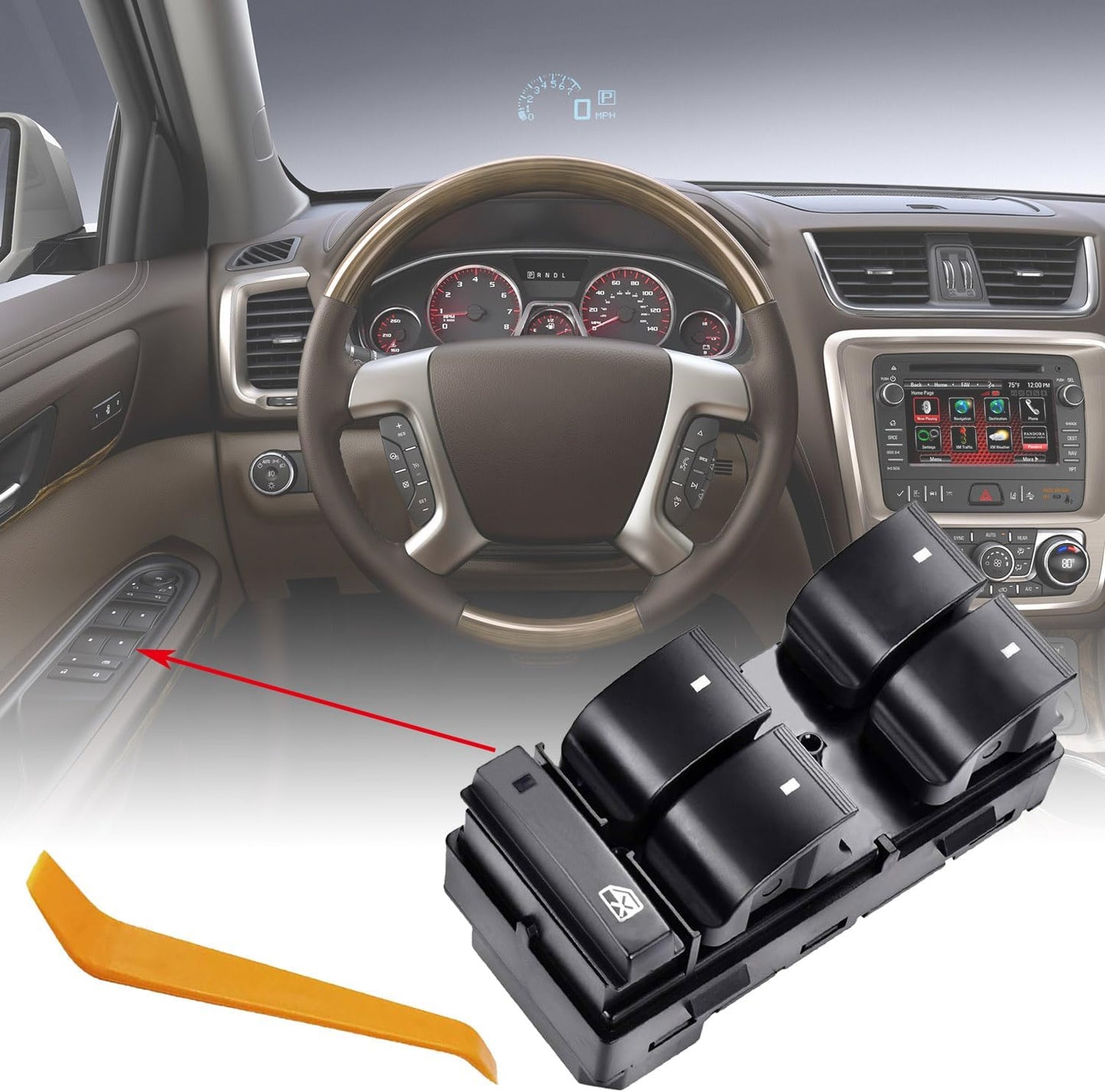 Power Window Control Switch fit for 2007-2016 GMC Acadia Replace OEM 20945224 901990, Front Left Driver Side Power Window Master Control Switch Button with Red Light