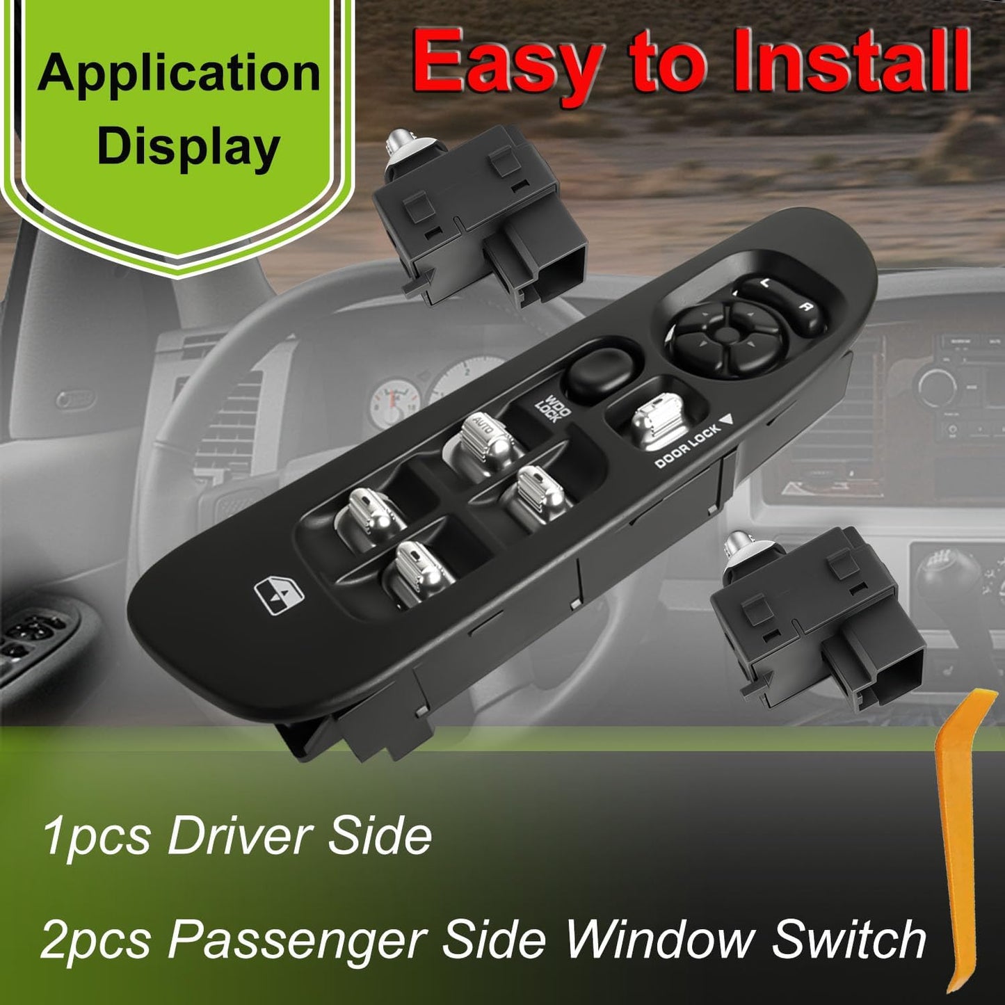 Driver Side Master Control Window Switch & 2 Pcs Passengers Side & Black Bezel Fit for 2002-2009 Dodge Ram 1500 2500 3500 Power Window Switch Door Lock Replace OE 56007695AC 56007695AB